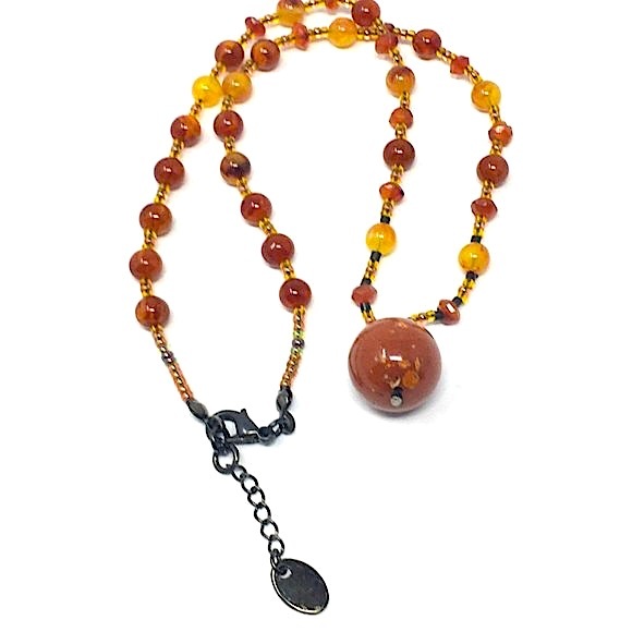 Handmade Fall Inspired Amber Toned and Carnelian Bead Choker Necklace - Picture 2 of 10